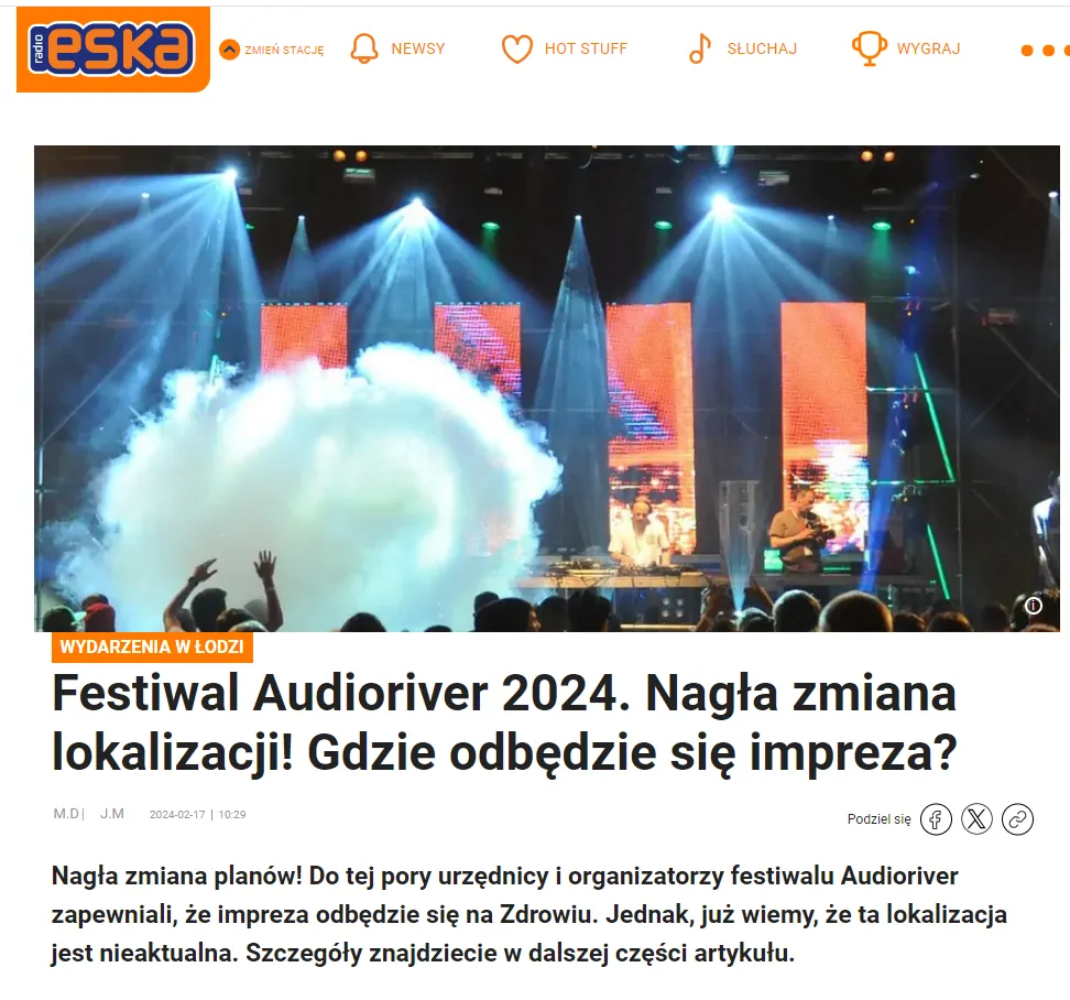 Eska: Festiwal Audioriver 2024. Nagła zmiana lokalizacji! Gdzie odbędzie się impreza?